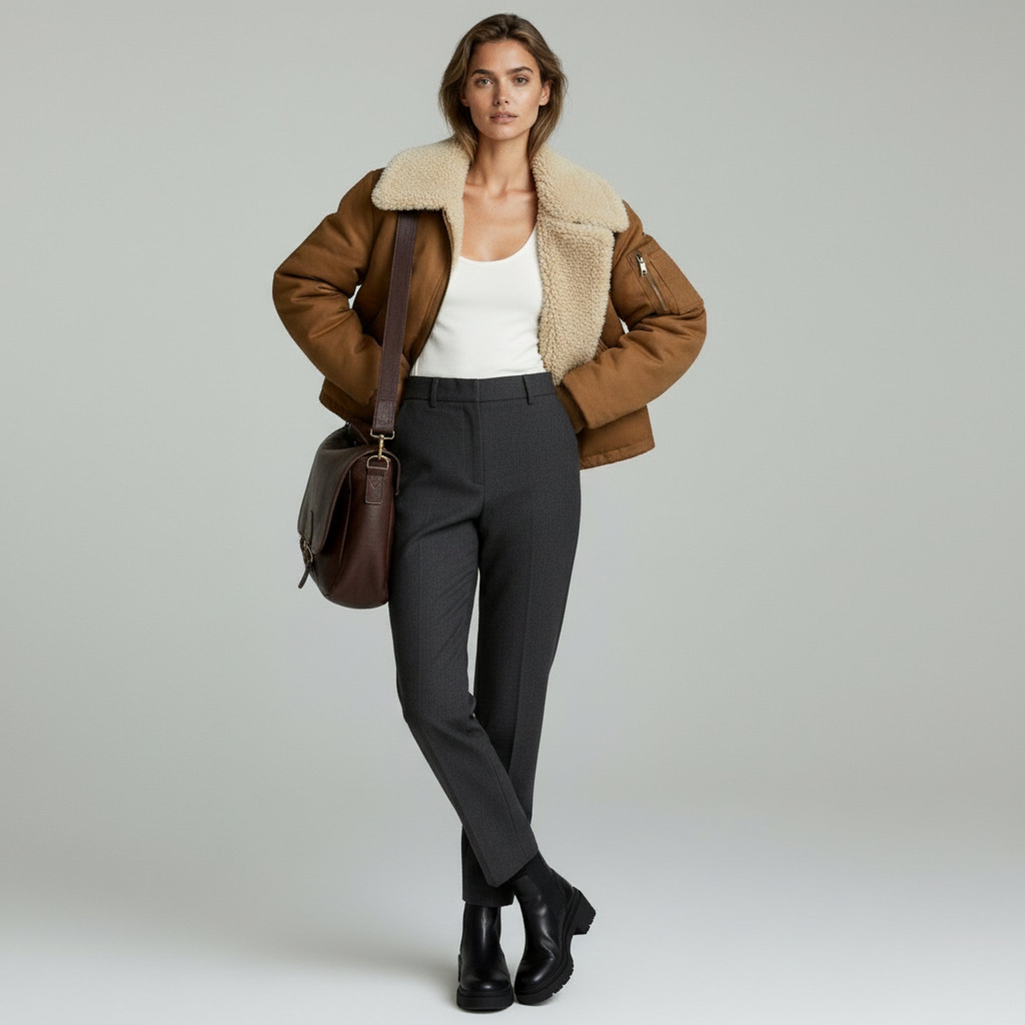 lady in brown cotton jacket and grey trousers on a plain background
