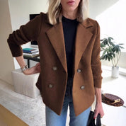 Classic Oversized Black Blazer for Women with Double-Breasted Design and Ribbed Knit Sleeves 0