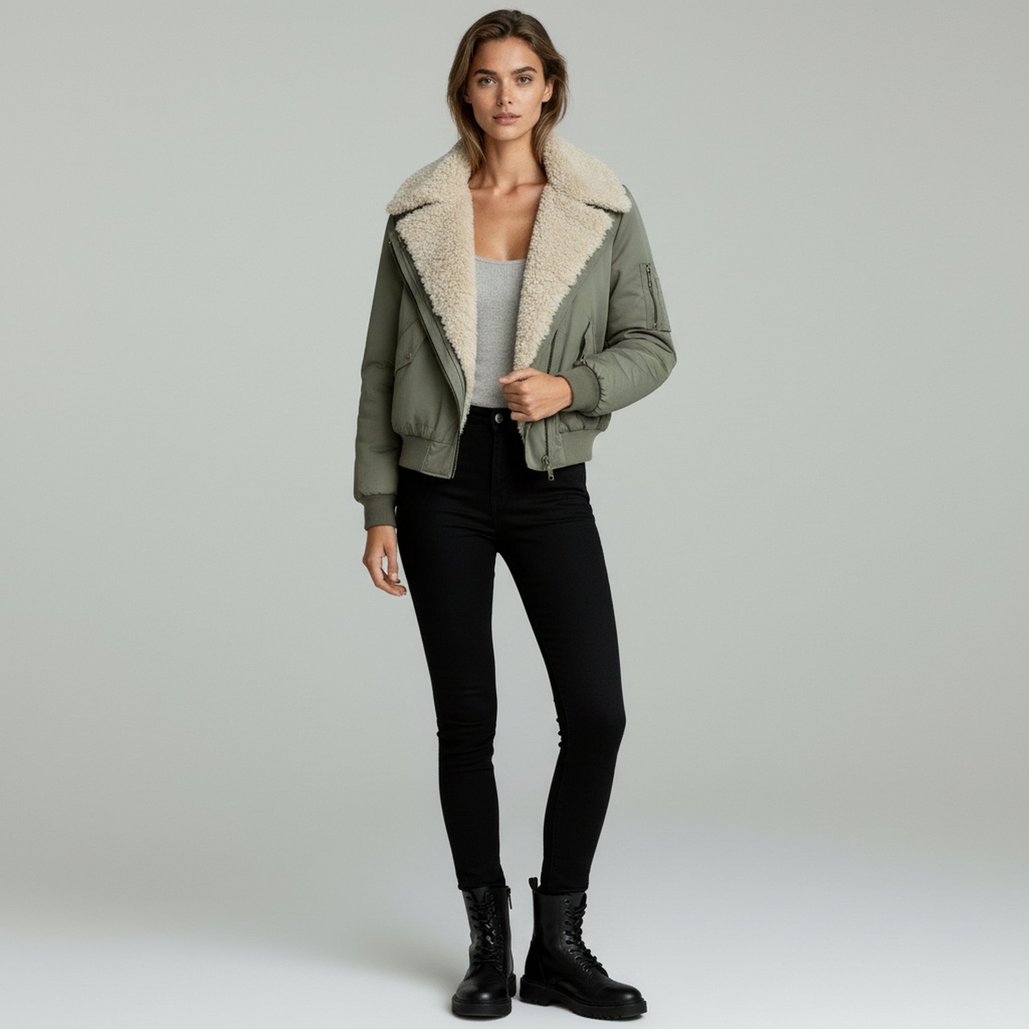 lady in green cotton jacket and black pants on a plain background