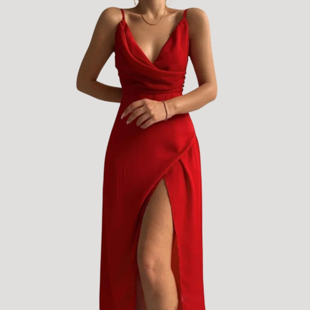 Cowl Neck Maxi Dress – High Side Slit – Elegant Wedding Guest Look 0