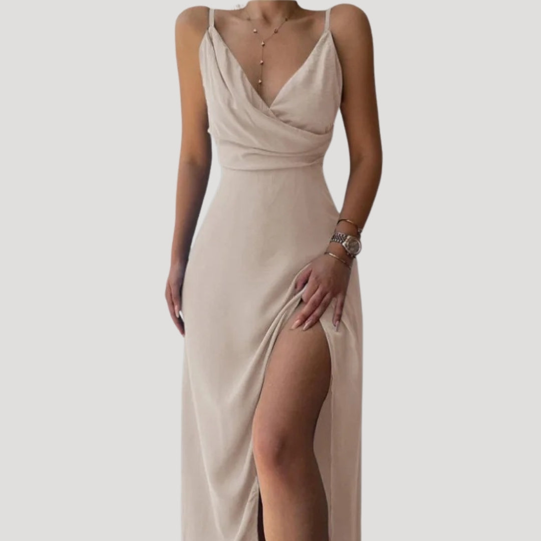 Cowl Neck Maxi Dress – High Side Slit – Elegant Wedding Guest Look 1