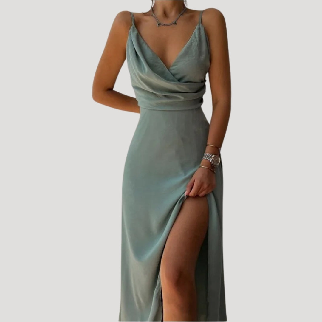 Cowl Neck Maxi Dress – High Side Slit – Elegant Wedding Guest Look 4