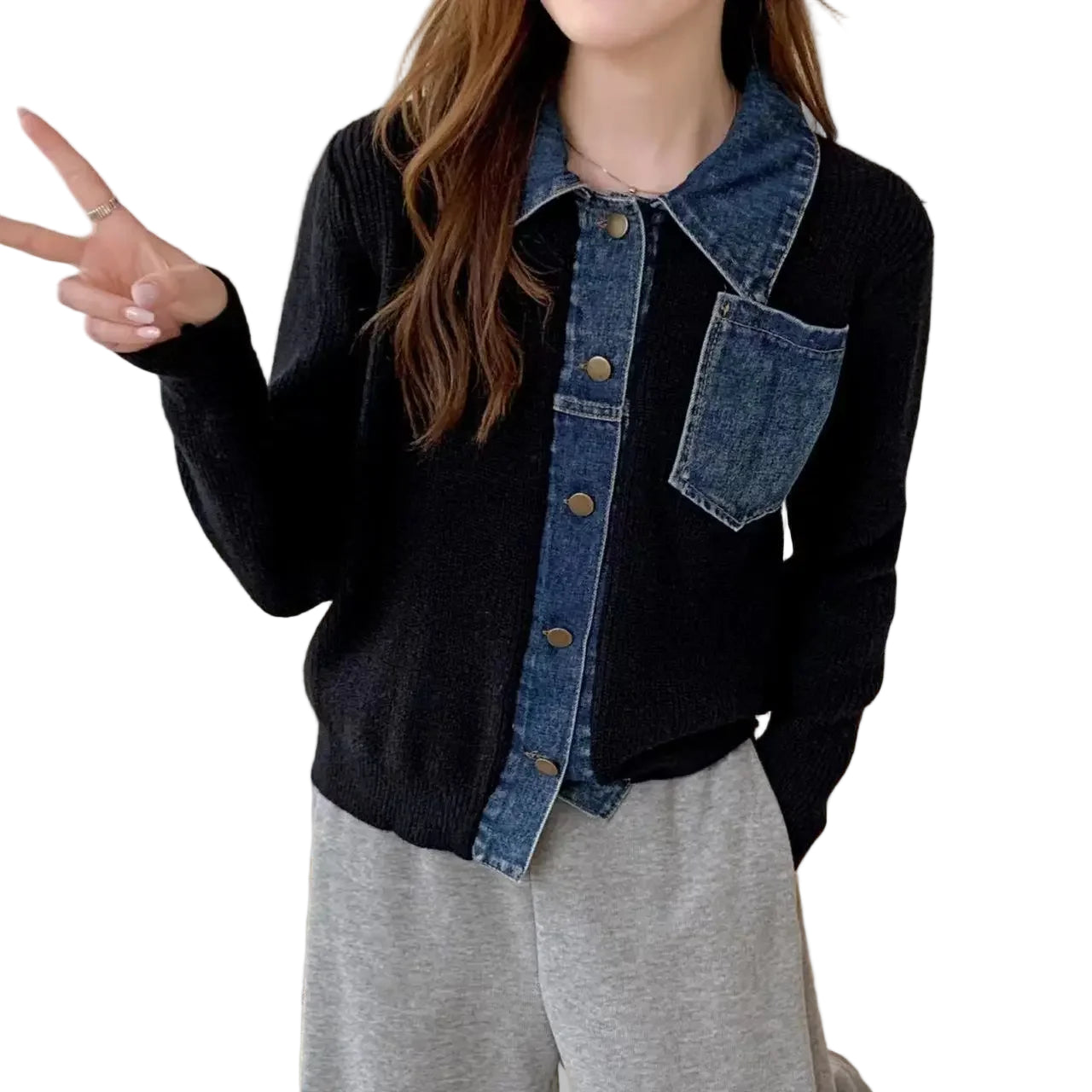 Cropped Denim Jacket – Unique Patchwork Design – Trendy Casual Outerwear 0