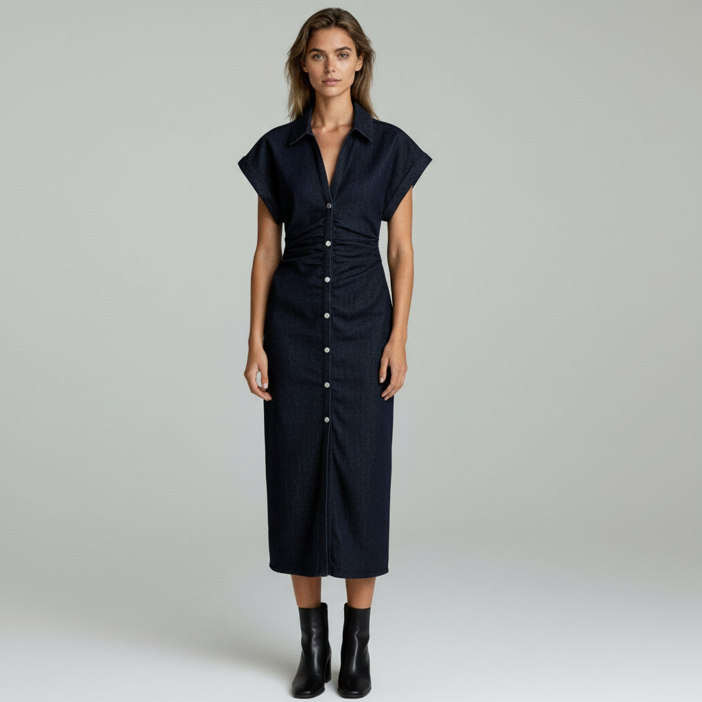 lady in dark blue midi dress on a plain background