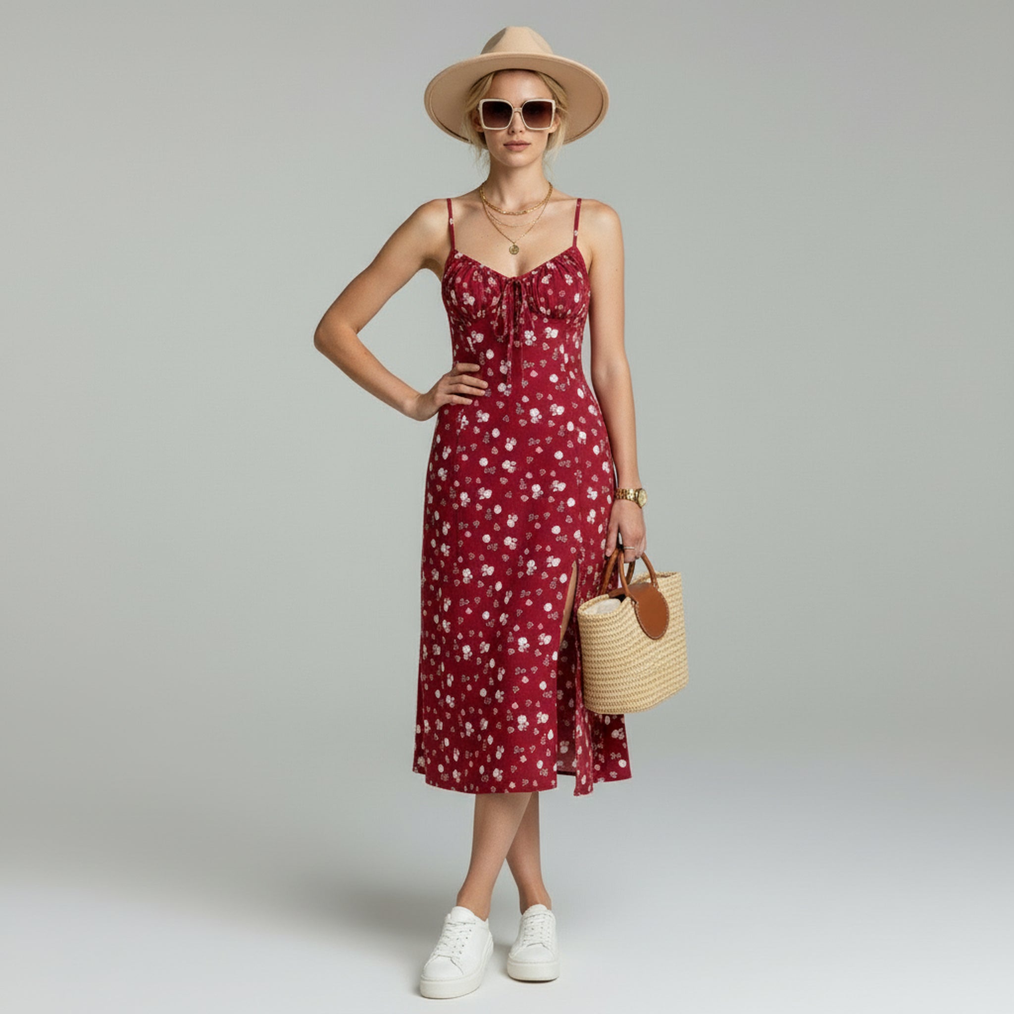 lady in red floral sleeveless midi dress paired with white shoes on a plain background