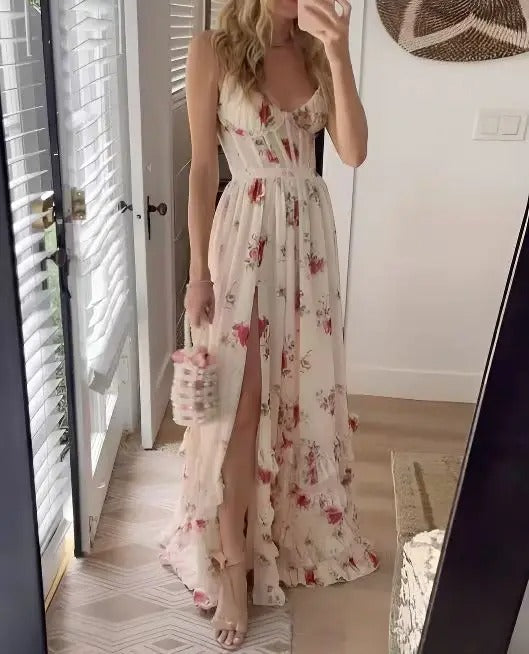 Floral Maxi Dress – Ruffle High Slit – Perfect for Summer Outings 1