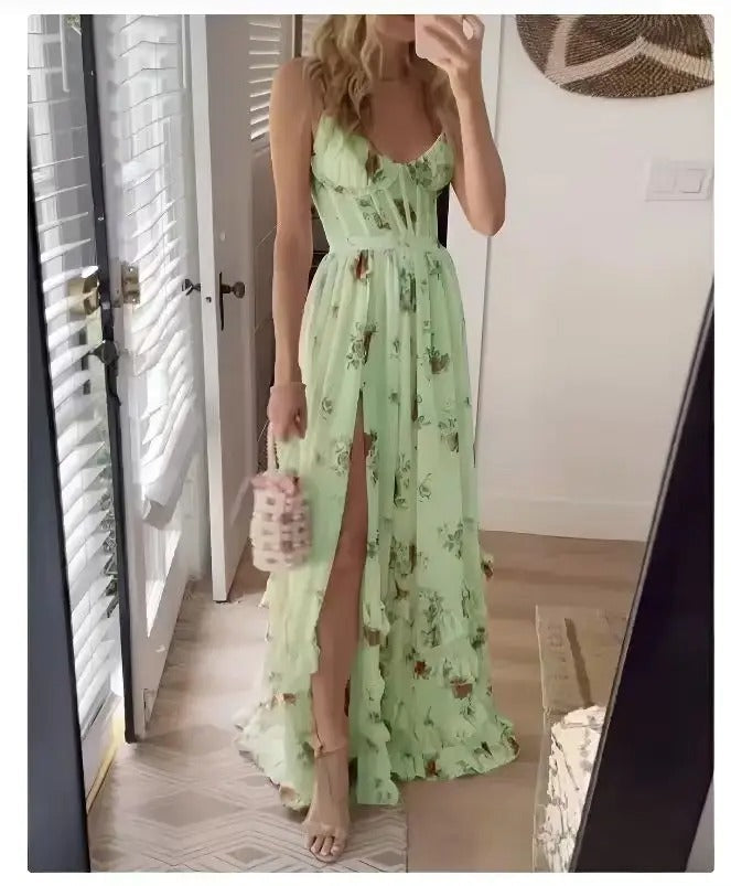 Floral Maxi Dress – Ruffle High Slit – Perfect for Summer Outings 3