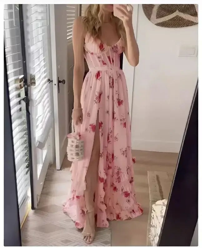Floral Maxi Dress – Ruffle High Slit – Perfect for Summer Outings 4