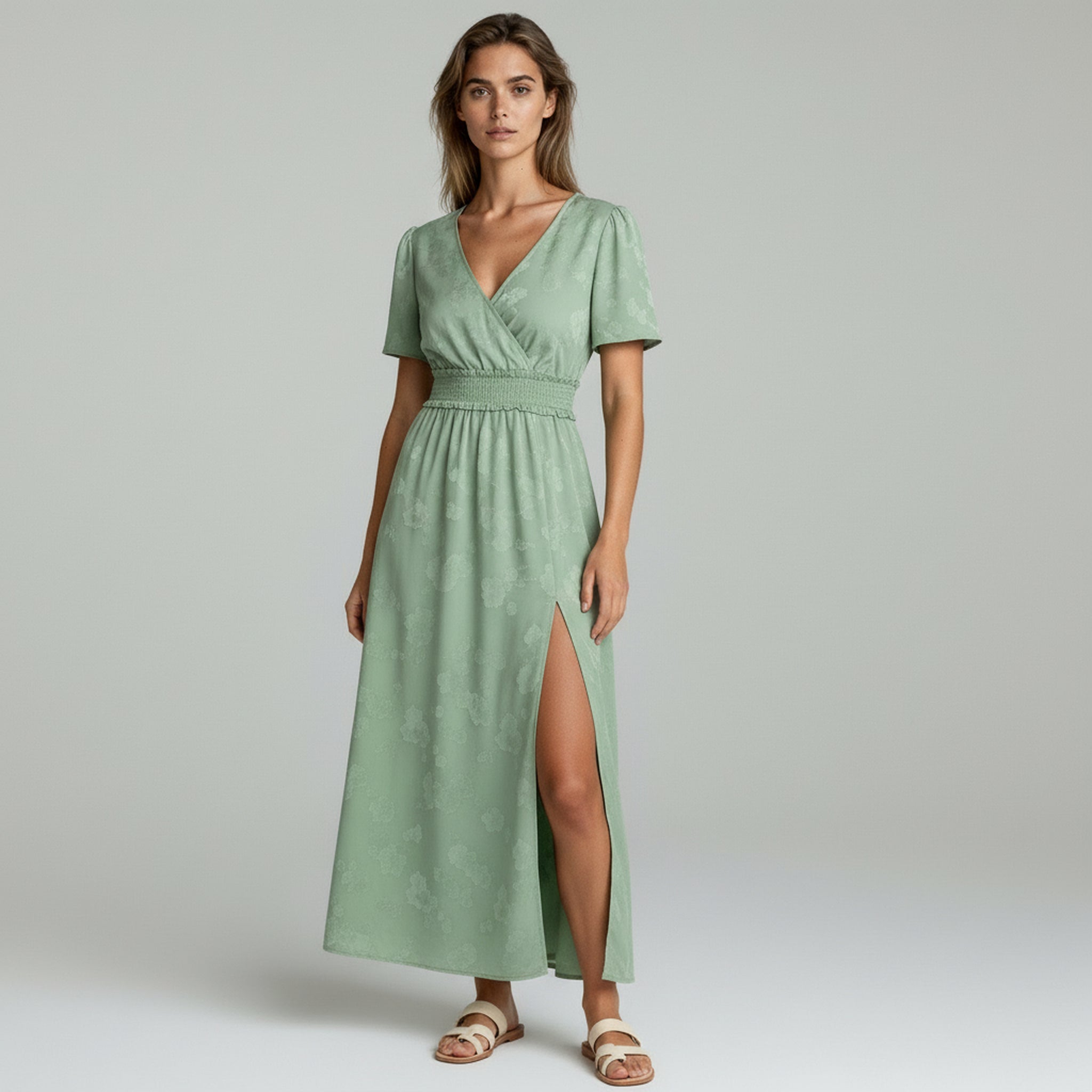 woman wearing green flowy maxi dress on a plain background