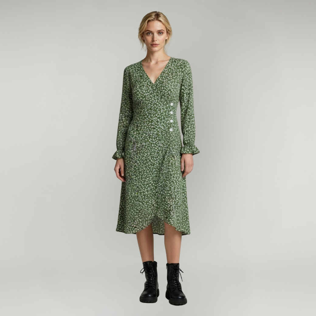 woman wearing Green Long sleeve midi dress paired with lack boots on a plain background