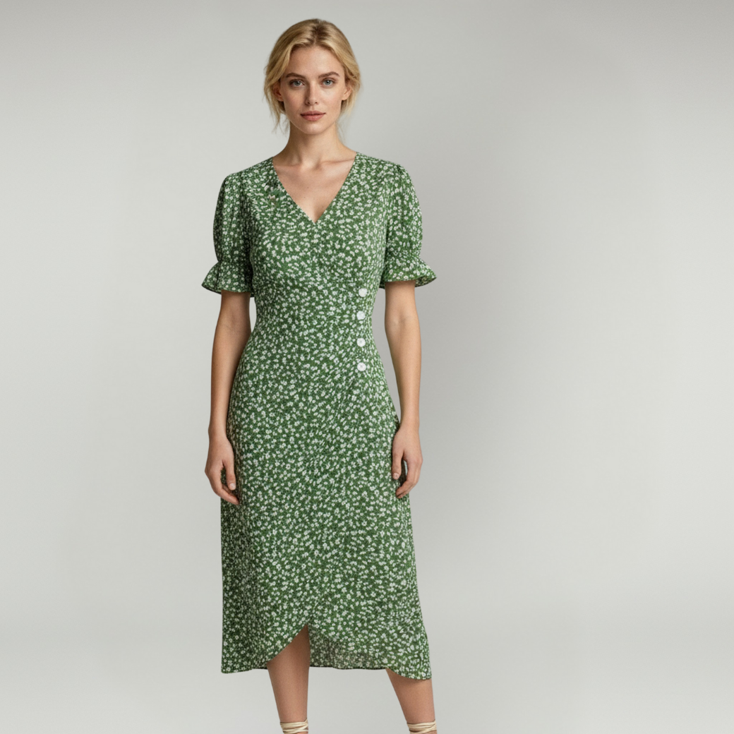 woman wearing green puff sleeve midi dress on a plain background