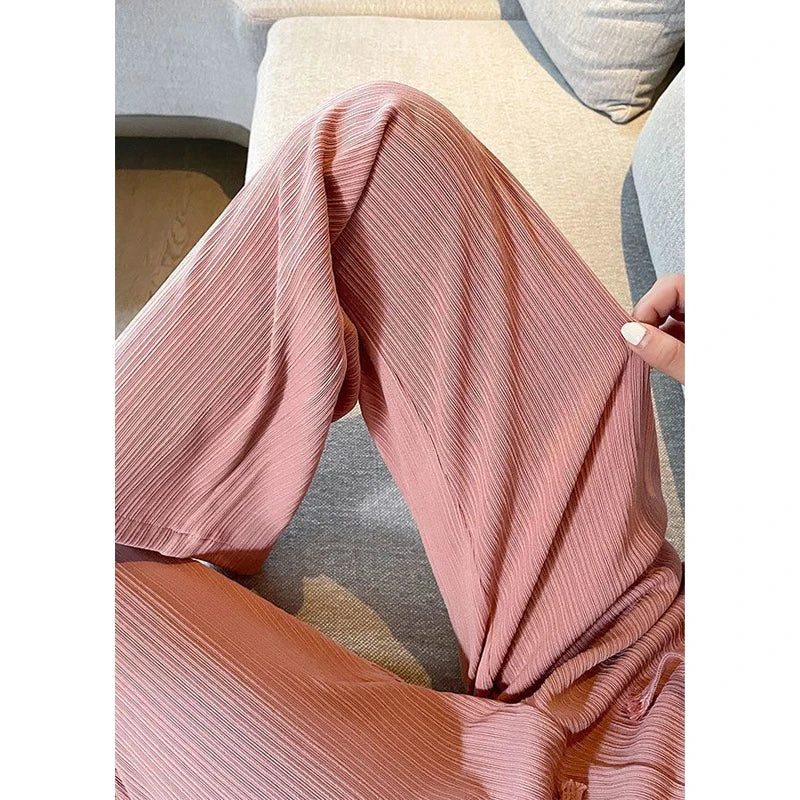 High Waist Wide Leg Trousers with Adjustable Drawstring – Vertical Stripe Palazzo Pants for Women 0