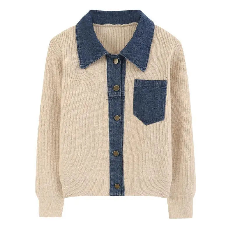 Knitted Cardigan – Denim Splicing – Cozy Winter Layering Style 0
