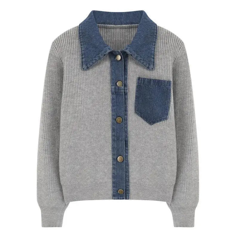 Knitted Cardigan – Denim Splicing – Cozy Winter Layering Style 1