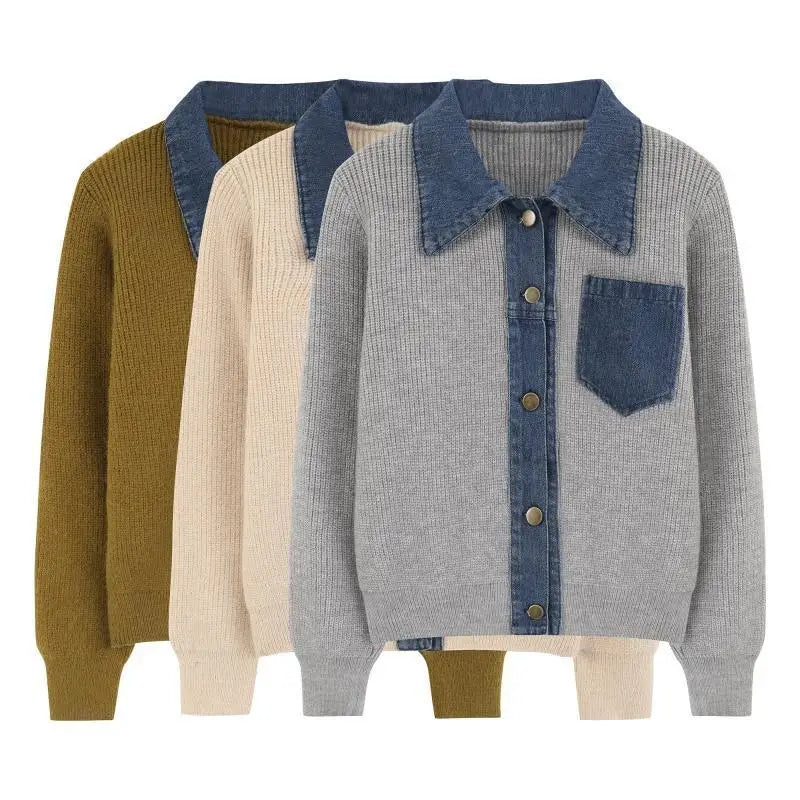 Knitted Cardigan – Denim Splicing – Cozy Winter Layering Style 3