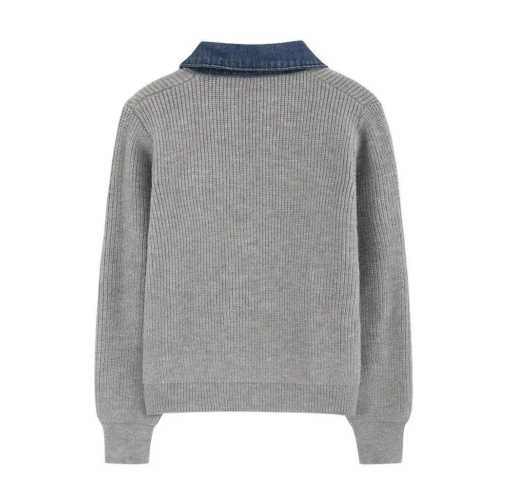 Knitted Cardigan – Denim Splicing – Cozy Winter Layering Style 5