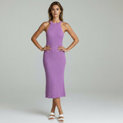 lady in lavender halter neck midi dress on a plain background