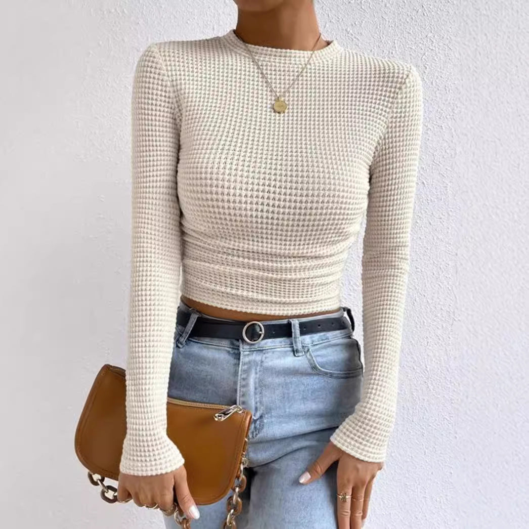 Long Sleeve Ruched Crop Top for Women – Slim Fit Soft Waffle Knit T-Shirt, Casual Style 0