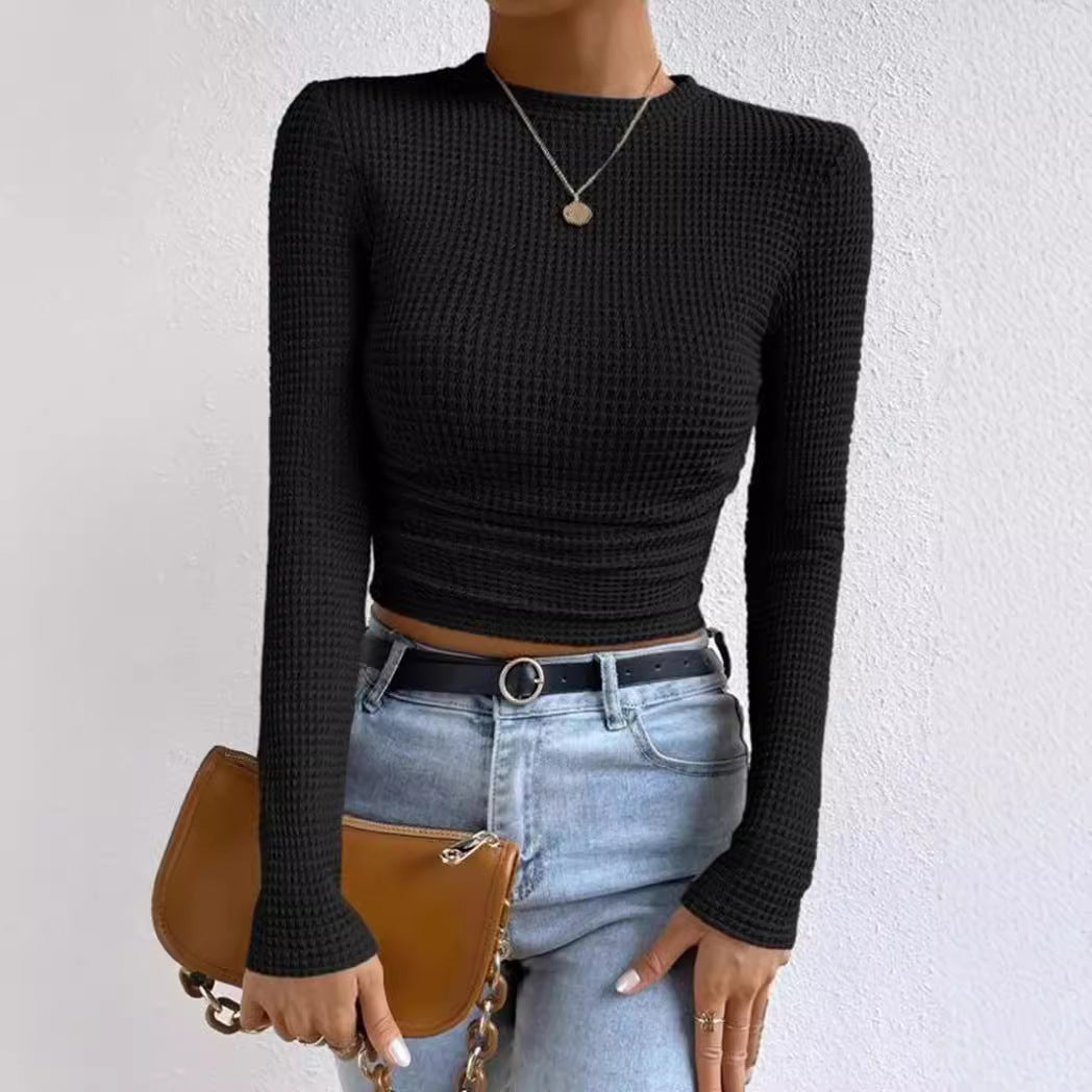 Long Sleeve Ruched Crop Top for Women – Slim Fit Soft Waffle Knit T-Shirt, Casual Style 1