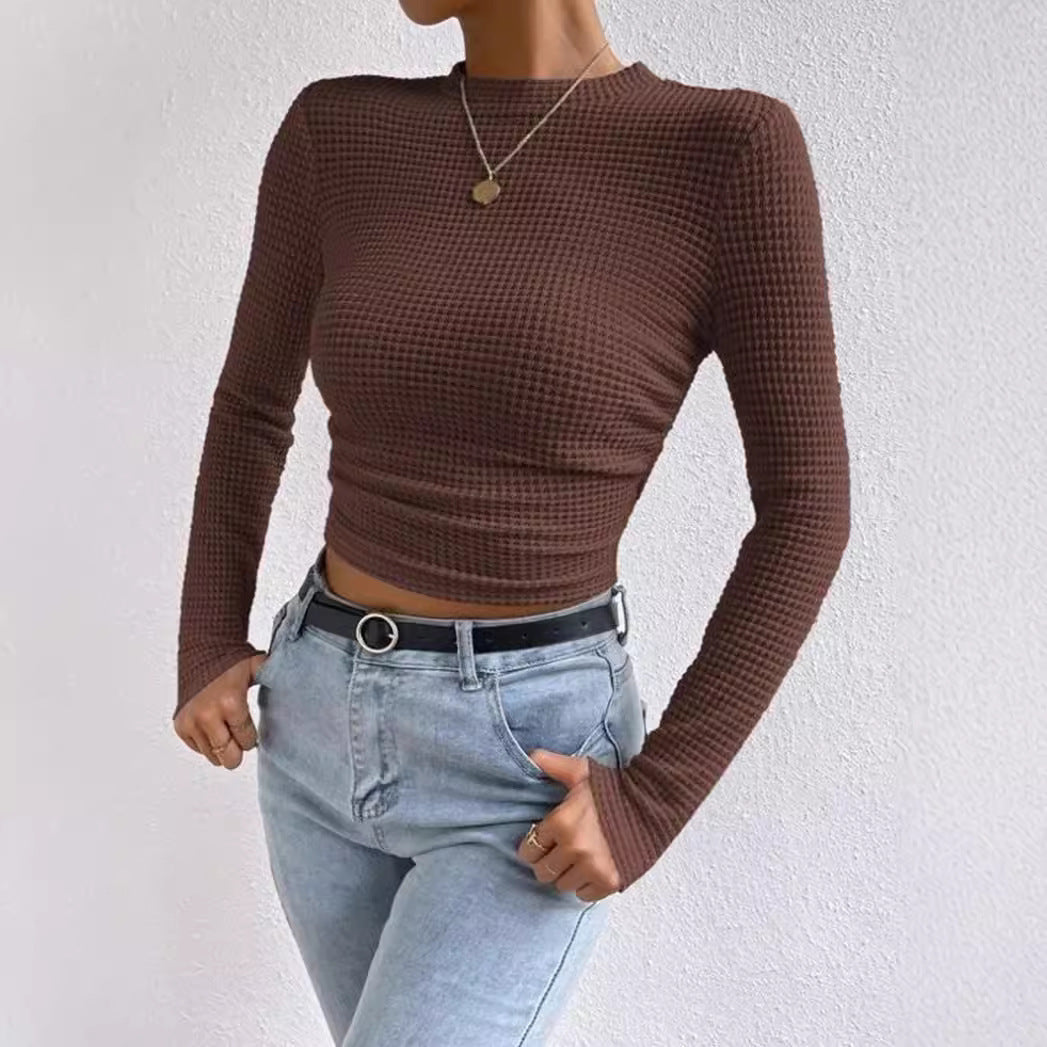 Long Sleeve Ruched Crop Top for Women – Slim Fit Soft Waffle Knit T-Shirt, Casual Style 2