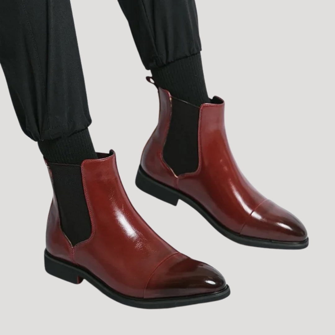 Men's Chelsea Boots in Leather with Chunky Heel – Slip-On Design with Elastic Side Panels and Cap Toe Style 0