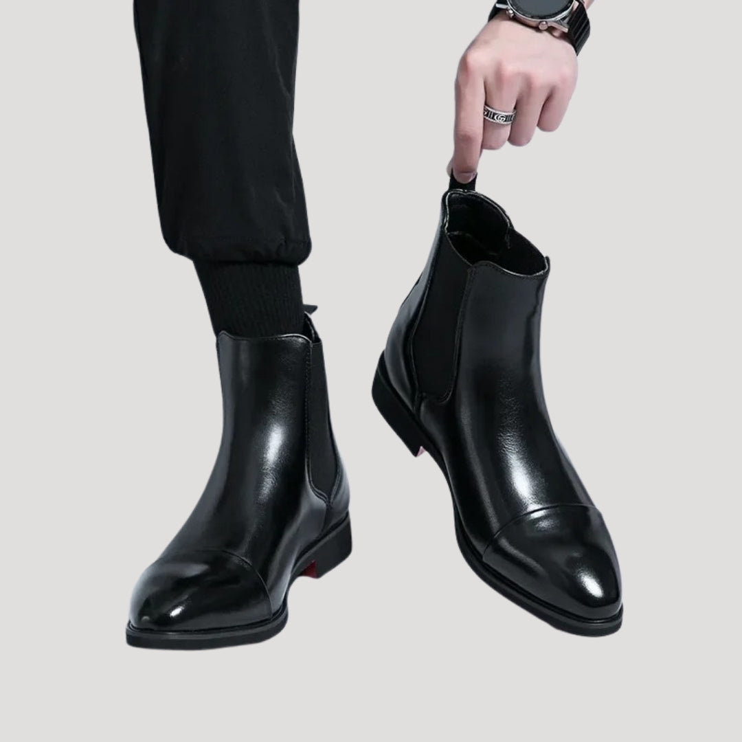 Men's Chelsea Boots in Leather with Chunky Heel – Slip-On Design with Elastic Side Panels and Cap Toe Style 6