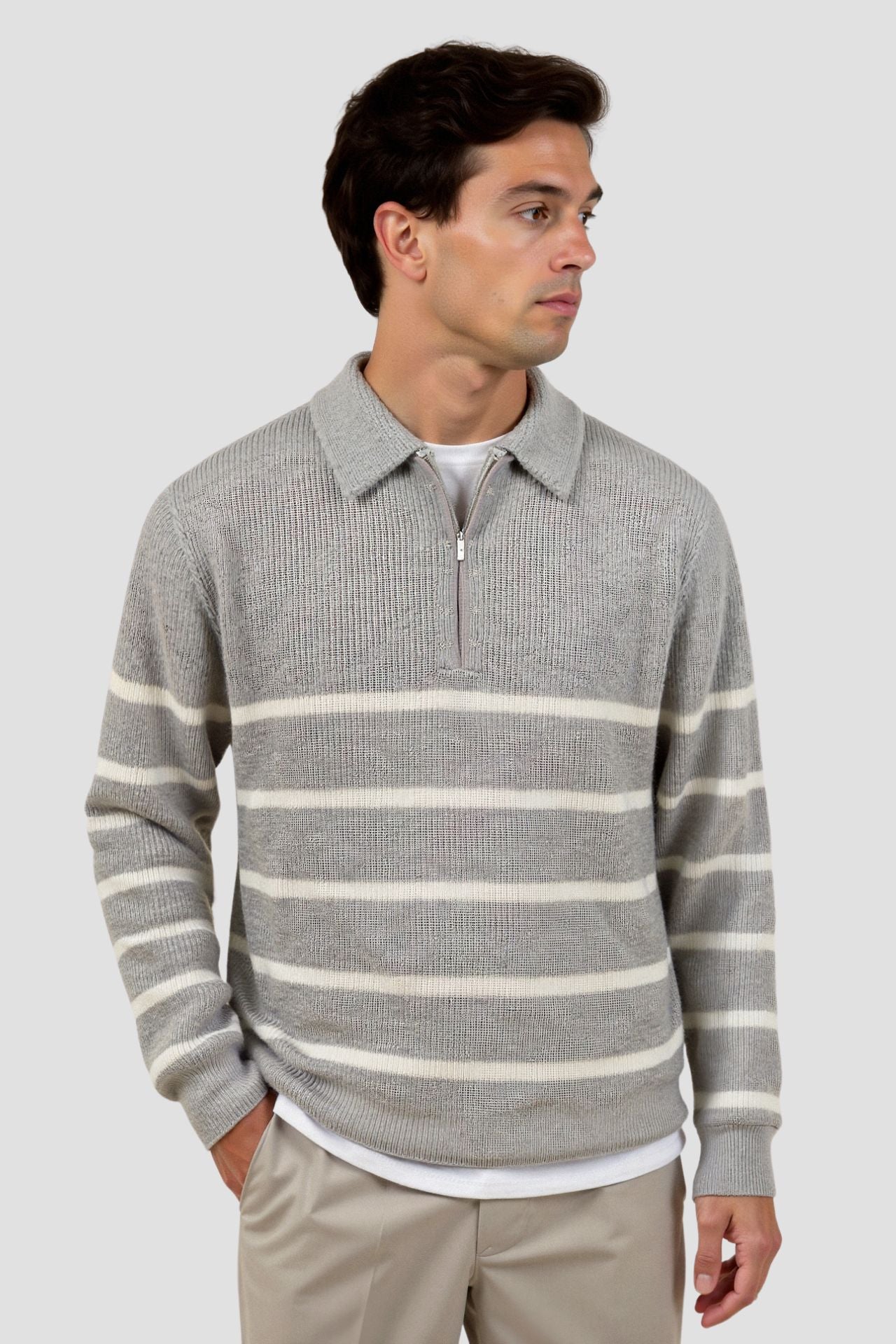 Men's Half Zip Striped Wool Blend Sweater 1