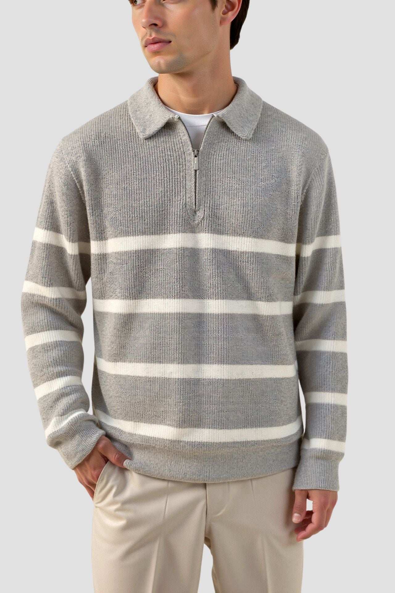 Men's Half Zip Striped Wool Blend Sweater 2