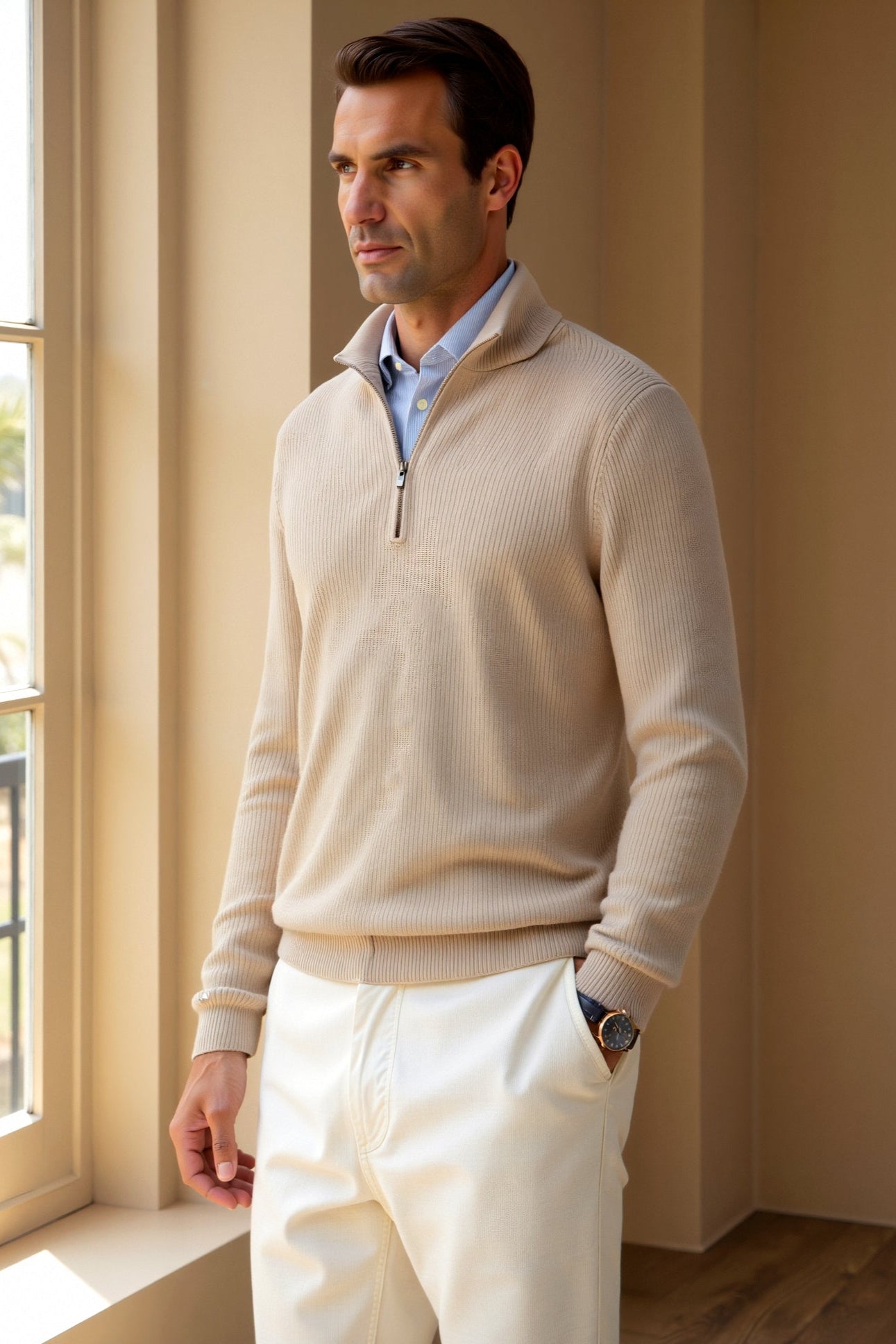 Men's Quarter Zip Sweater - Classic Knitted Wool Design 1