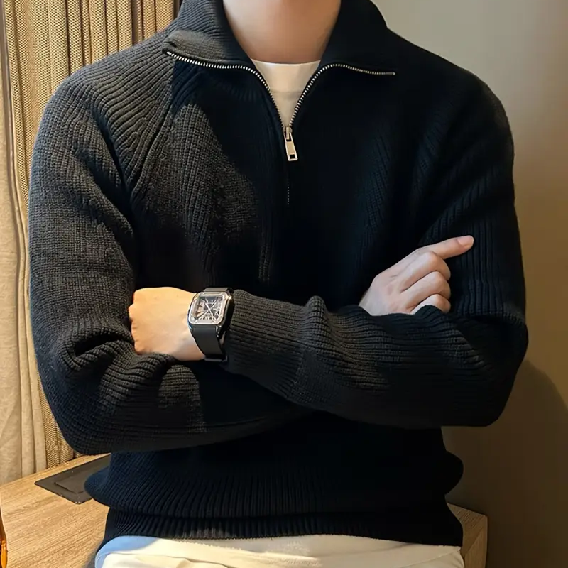Men's Quarter Zip Sweater - Soft Cotton Knit with Ribbed Texture for Versatile Layering and Comfort 5