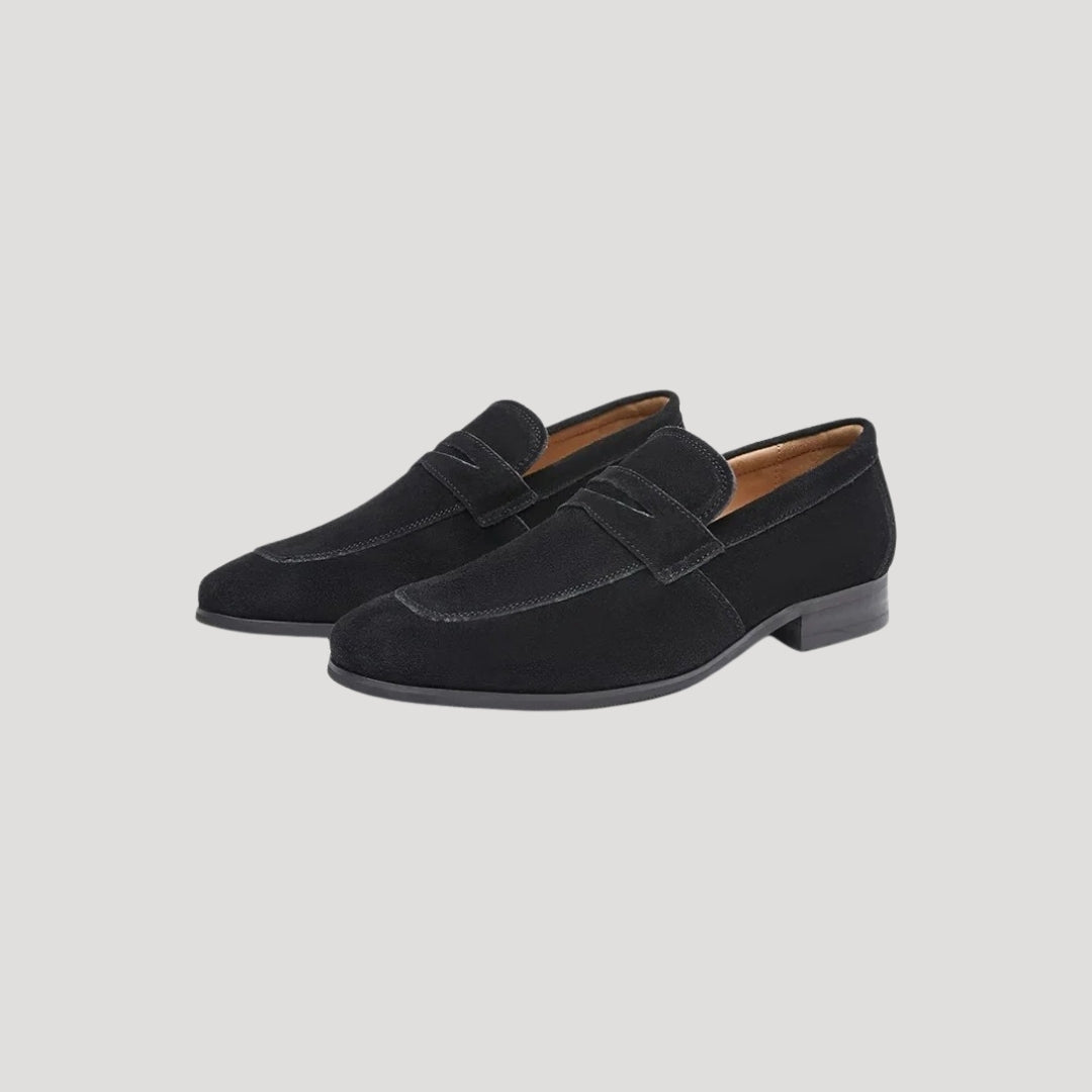 Men's Suede Penny Loafers – Slip-On Brown Loafer Shoes with Low Stacked Heel for Smart Casual Style 1