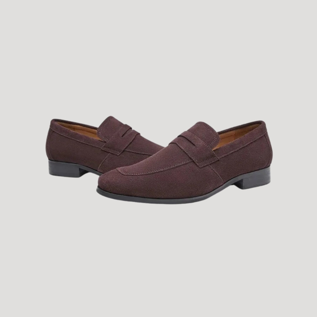 Men's Suede Penny Loafers – Slip-On Brown Loafer Shoes with Low Stacked Heel for Smart Casual Style 2