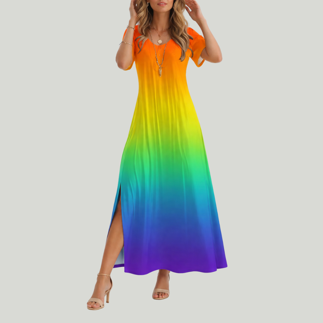 woman wearing multicolor dress on a plain background