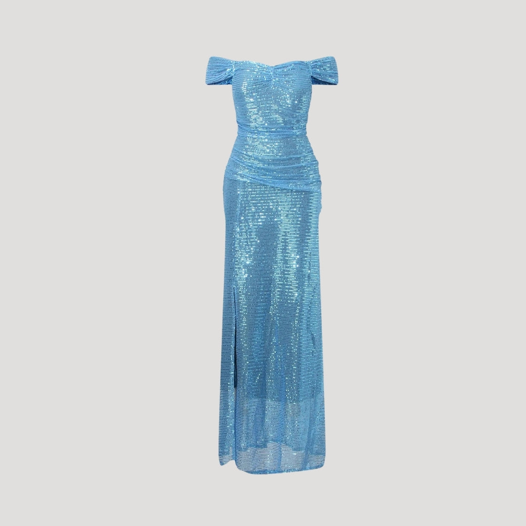 Off-Shoulder Maxi Dress – Sequin Detail – Elegant Wedding Guest Look 1