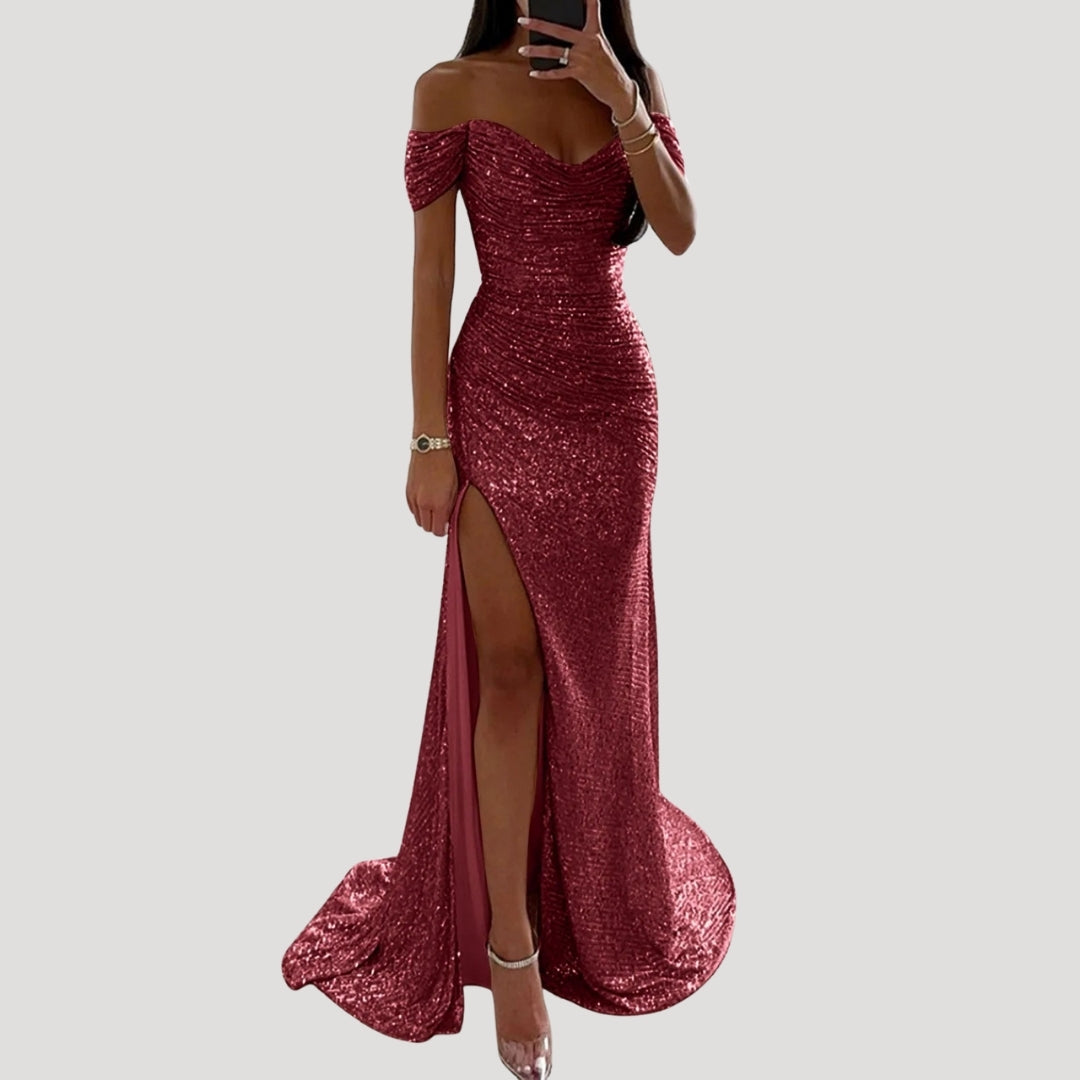 Off-Shoulder Maxi Dress – Sequin Detail – Elegant Wedding Guest Look 2