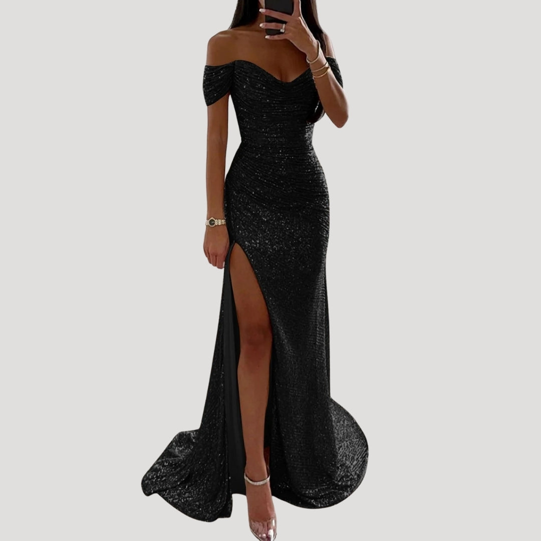 Off-Shoulder Maxi Dress – Sequin Detail – Elegant Wedding Guest Look 3