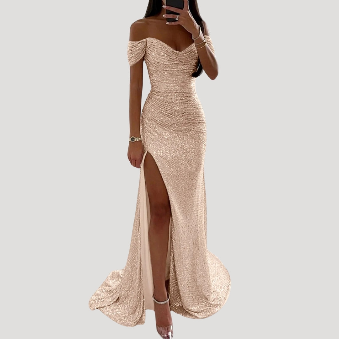 Off-Shoulder Maxi Dress – Sequin Detail – Elegant Wedding Guest Look 4