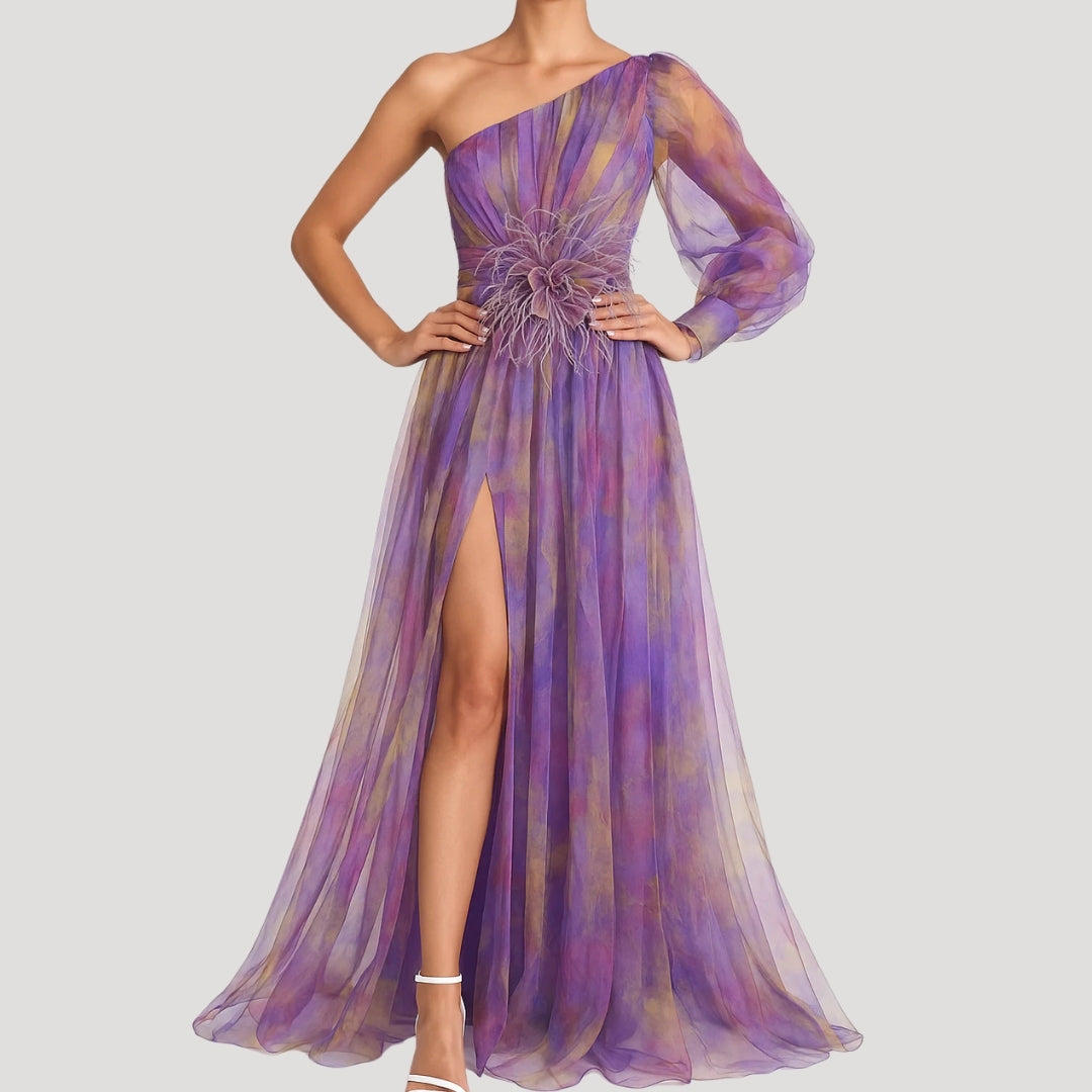 One Shoulder Maxi Dress – Floral Design – Elegant Wedding Guest Look 0