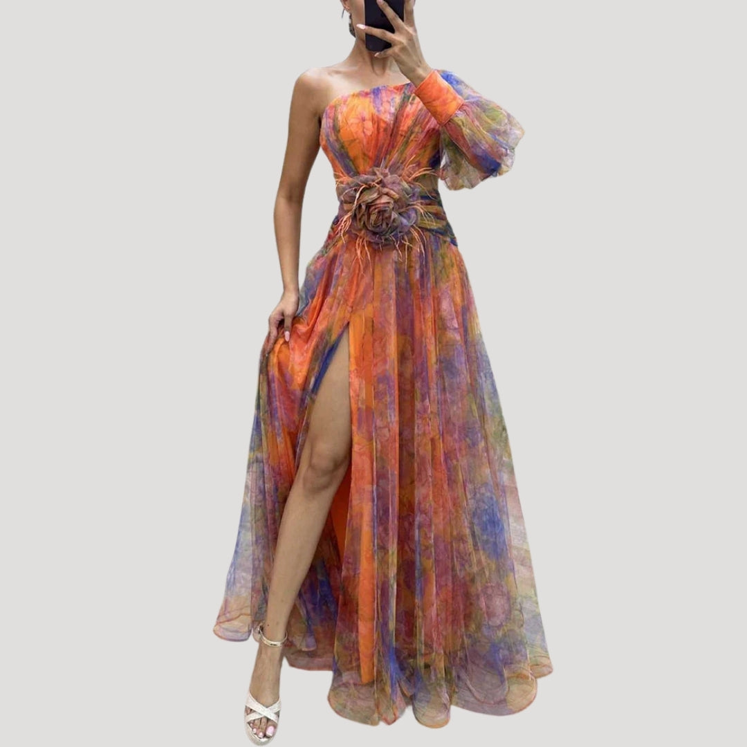 One Shoulder Maxi Dress – Floral Design – Elegant Wedding Guest Look 1