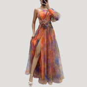 One Shoulder Maxi Dress – Floral Design – Elegant Wedding Guest Look 1