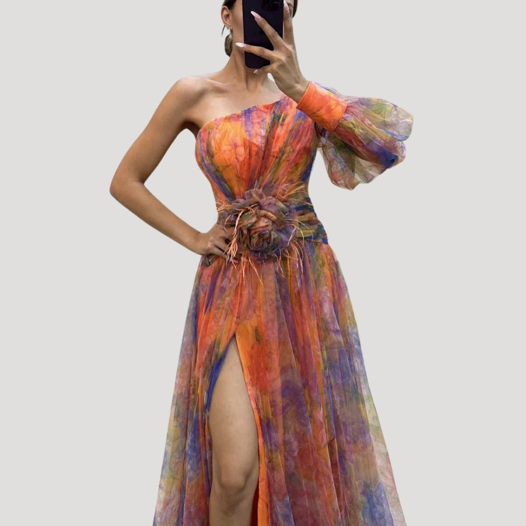 One Shoulder Maxi Dress – Floral Design – Elegant Wedding Guest Look 2