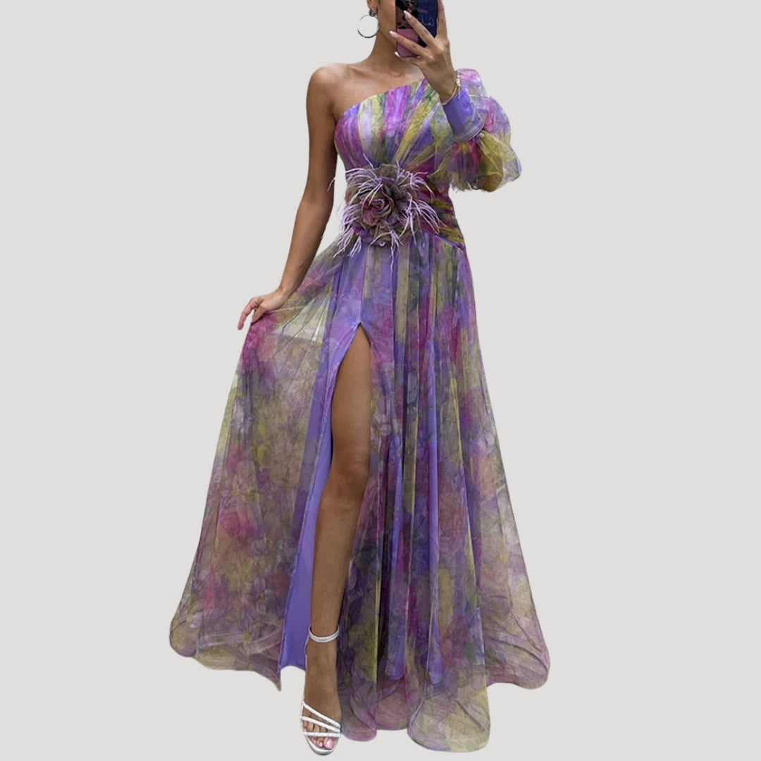 One Shoulder Maxi Dress – Floral Design – Elegant Wedding Guest Look 3