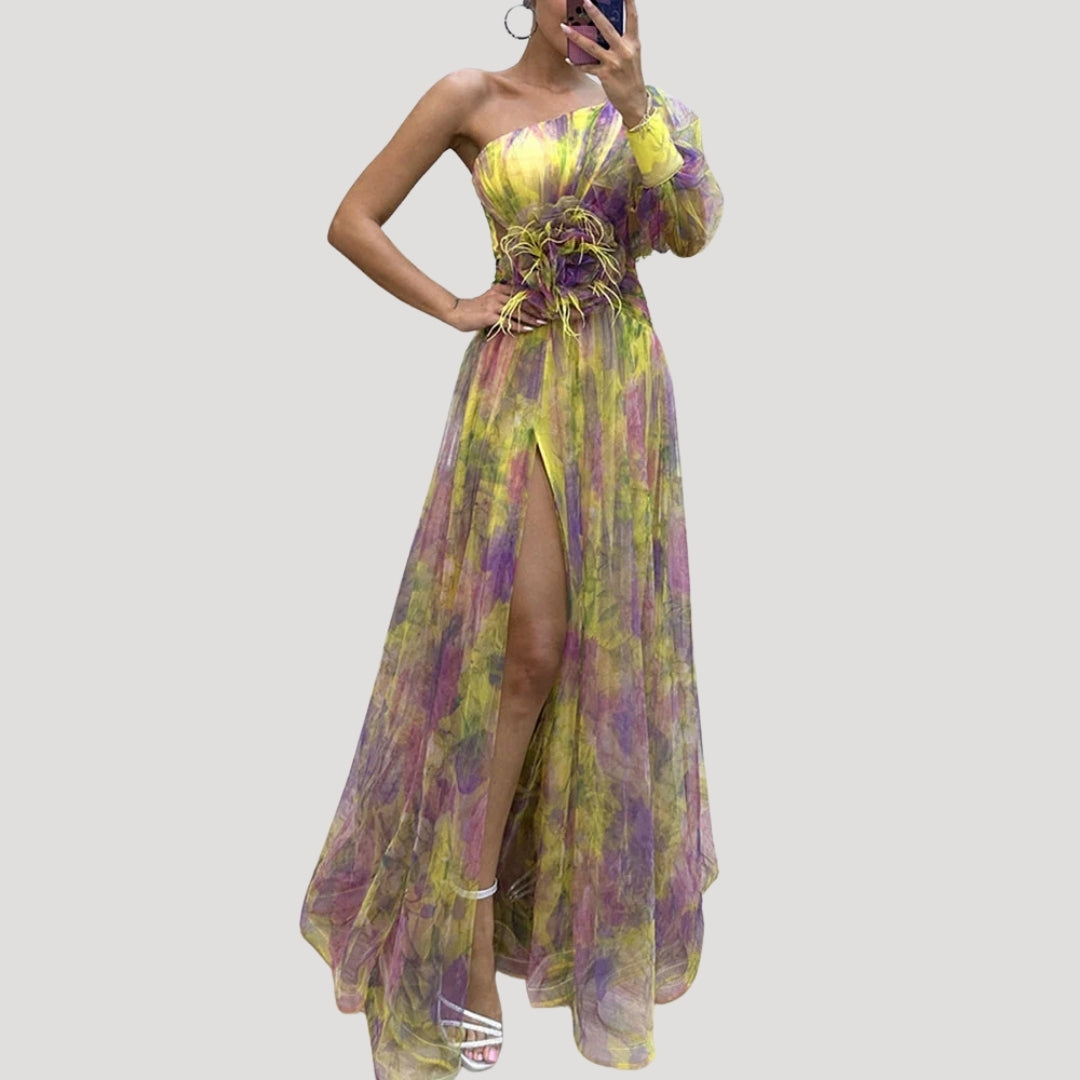 One Shoulder Maxi Dress – Floral Design – Elegant Wedding Guest Look 5