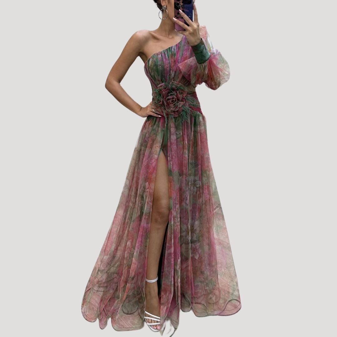 One Shoulder Maxi Dress – Floral Design – Elegant Wedding Guest Look 7