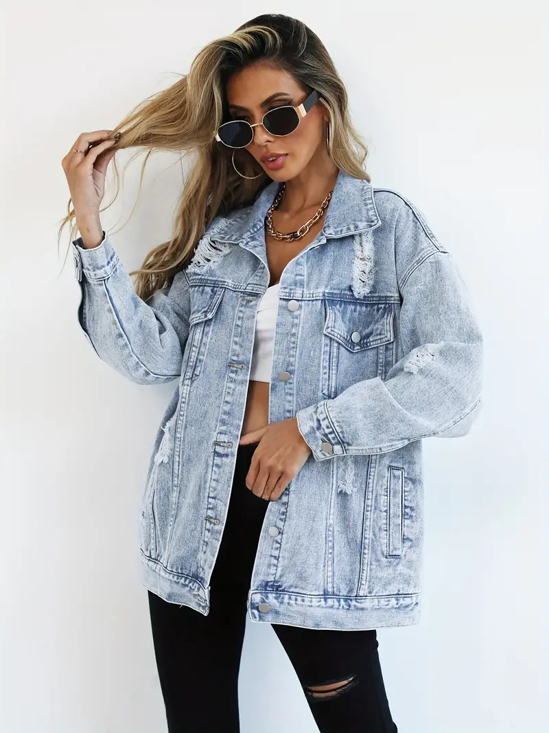 Oversized Vintage Women's Denim Jacket with Adjustable Cuffs for Relaxed Everyday Style 0