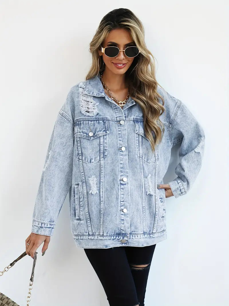 Oversized Vintage Women's Denim Jacket with Adjustable Cuffs for Relaxed Everyday Style 1