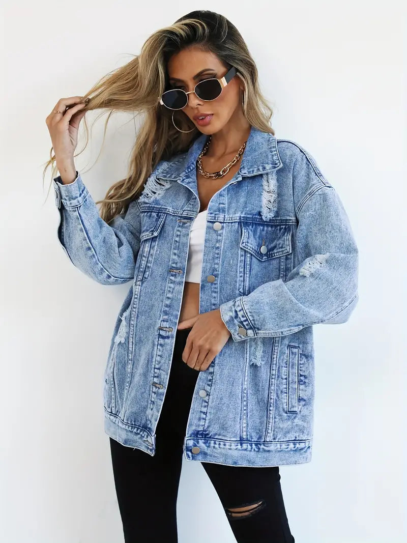 Oversized Vintage Women's Denim Jacket with Adjustable Cuffs for Relaxed Everyday Style 10