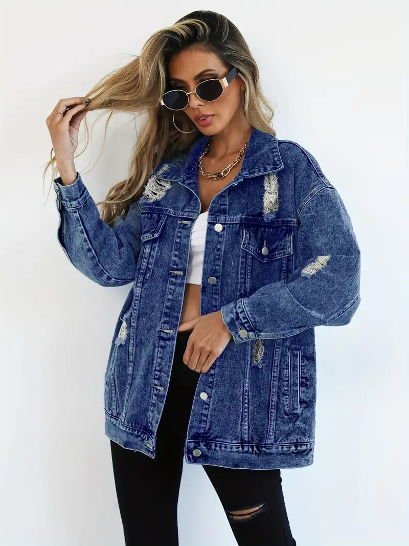 Oversized Vintage Women's Denim Jacket with Adjustable Cuffs for Relaxed Everyday Style 5