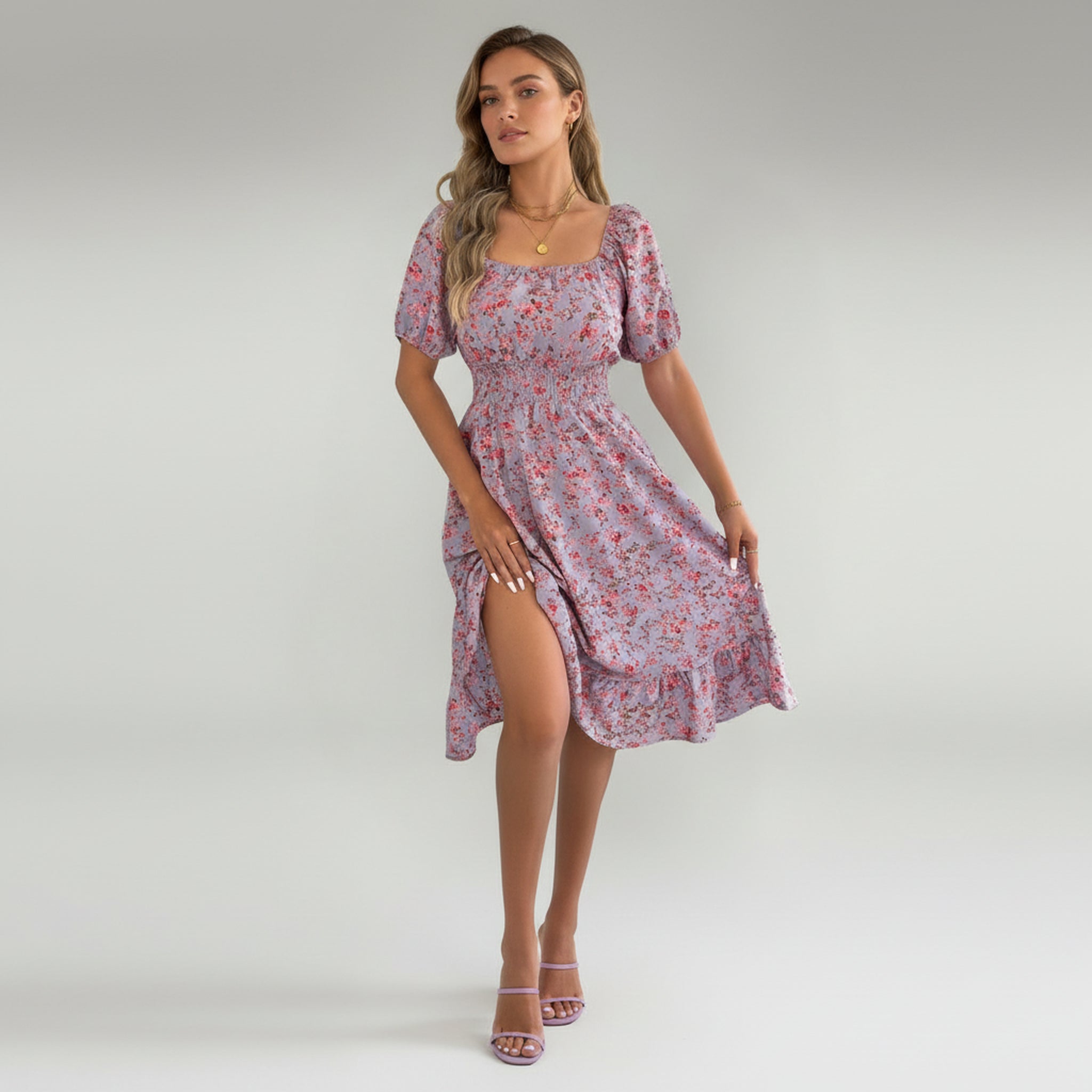 Lady in Purple maxi Dress on a plain background