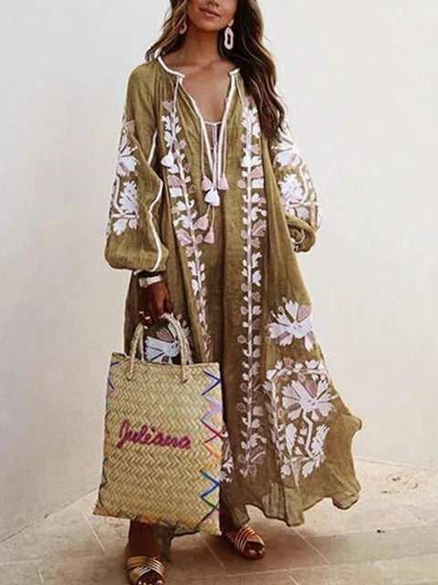 Retro Print Dress – V-Neck – Casual Summer Outing Style 2
